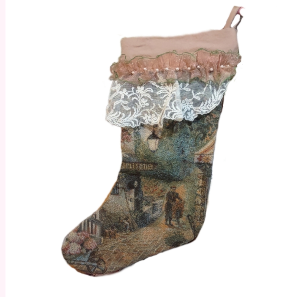 French Victorian Tapestry Hanging Stocking - Picture 9 of 10